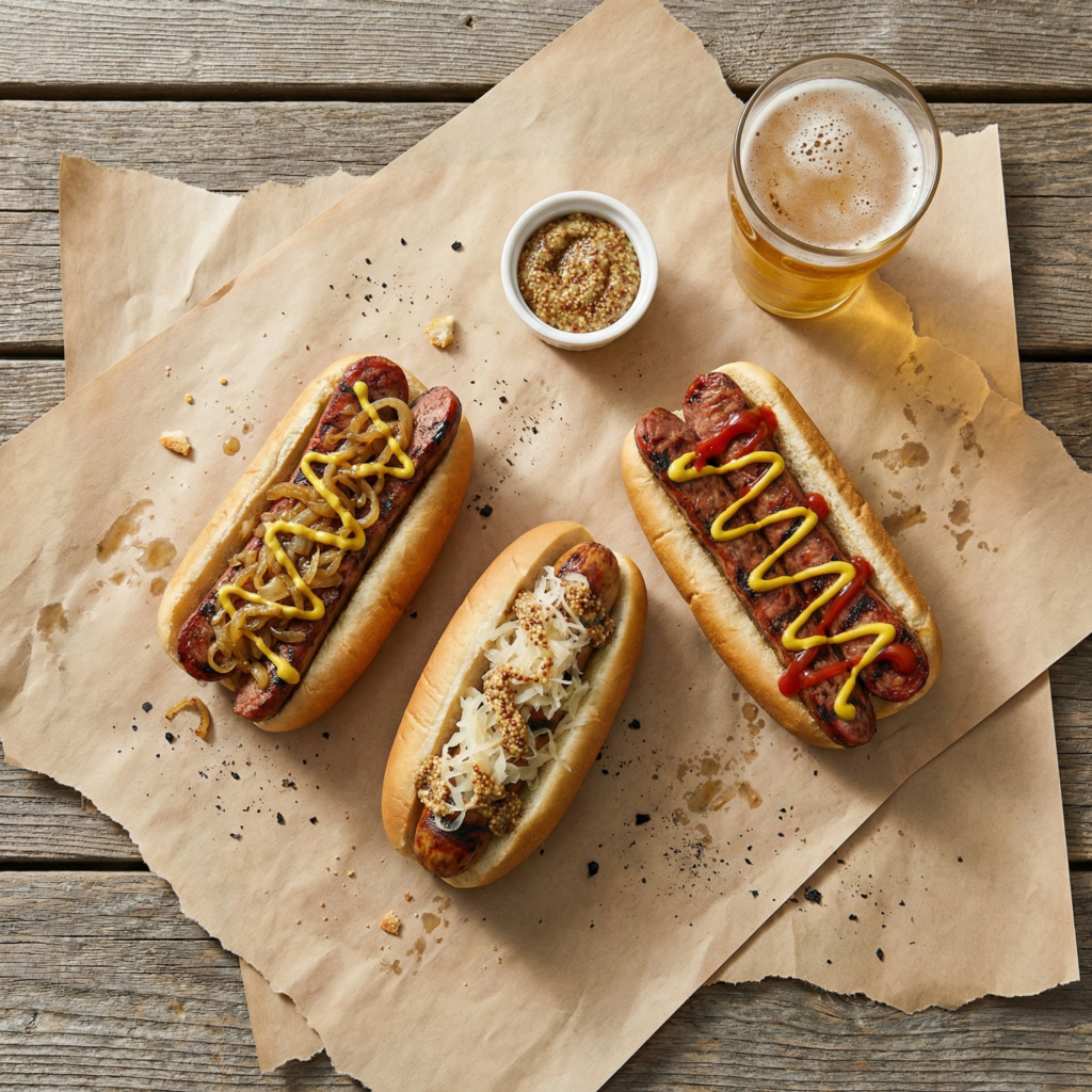 A flat-lay of State Street Brats Red and White brats with toppings, packed for shipping.