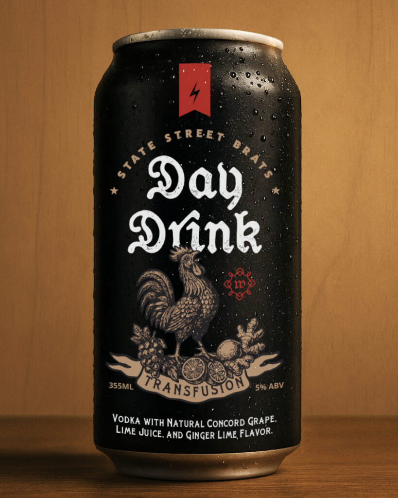 The Day Drink can, showing the front label designed by Knock Knock Bang.