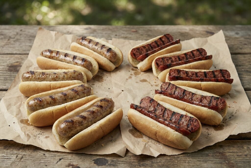 An open State Street Brats Weekender gift box packed with red and white brats and cheese curds, ready to ship.